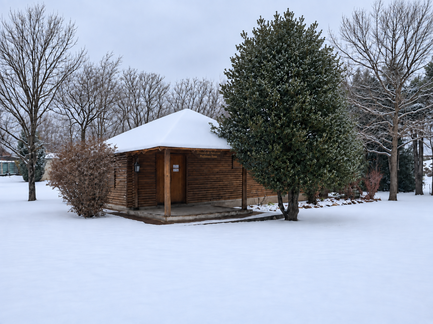 Cabaña de Domaine de Puberclair cubierta de nieve, La Cumbre, Córdoba, Argentina