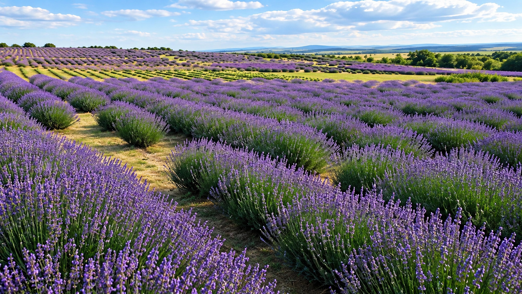Surcos de lavanda en flor en Domaine de Puberclair